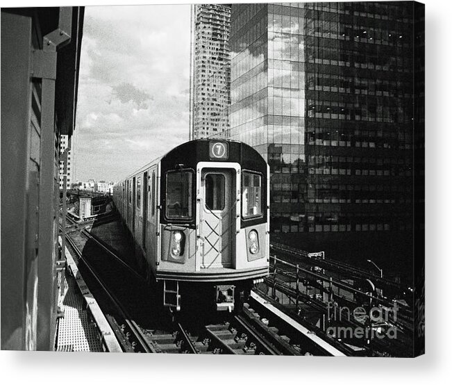 Black And White Acrylic Print featuring the photograph Filmic N Y C No.7 - 7 Train at Queensboro Plaza by Steve Ember