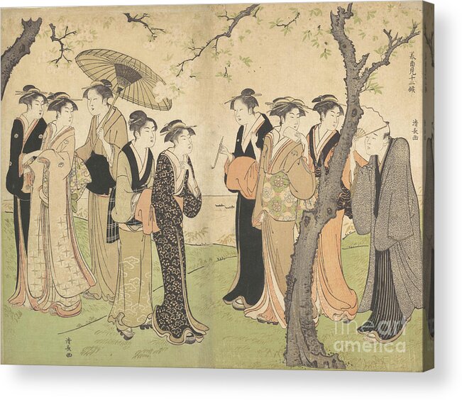 People Acrylic Print featuring the drawing Group Of Six Geisha Under The Cherry by Heritage Images