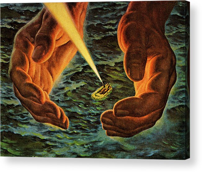 Campy Acrylic Print featuring the drawing Hands Around Man in Lifeboat by CSA Images