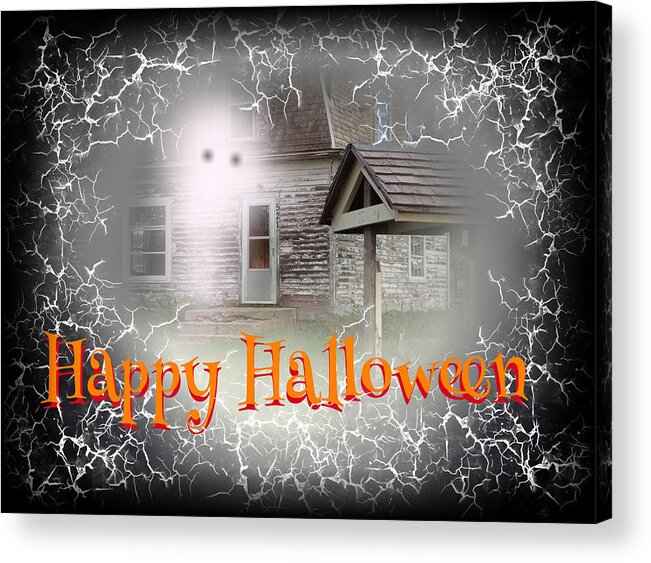Haunted House Acrylic Print featuring the digital art Haunted House Happy Halloween Card by Delynn Addams