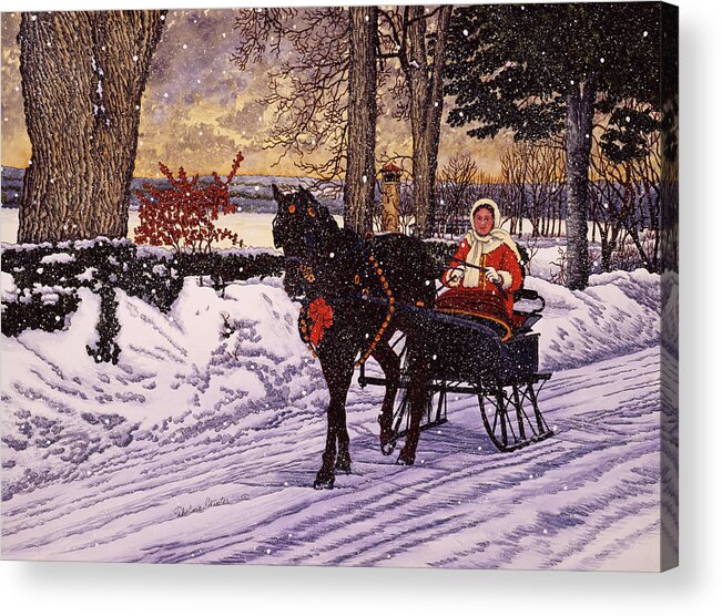 Woman Riding On Sleigh Being Pulled By Horse Down Snowy Road Acrylic Print featuring the painting Julie's Sleigh by Thelma Winter