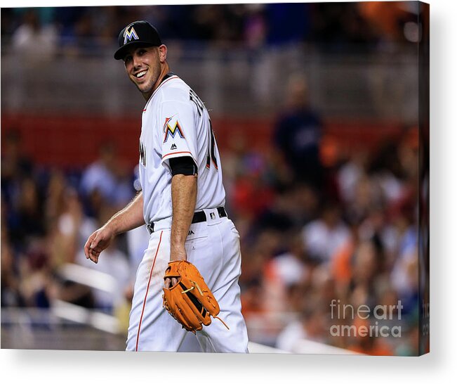 Looking Over Shoulder Acrylic Print featuring the photograph Kansas City Royals V Miami Marlins by Rob Foldy