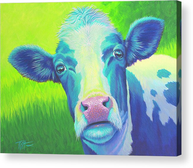 Cow Acrylic Print featuring the painting Moo Now Blue Cow by Tish Wynne