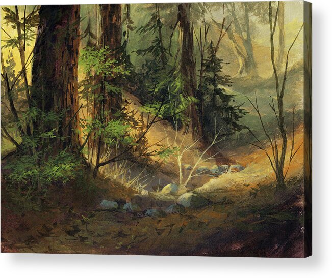 Michael Humphries Acrylic Print featuring the painting Morning Redwoods by Michael Humphries