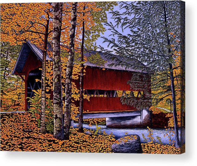 Covered Bridge Acrylic Print featuring the painting Mountain Road Bridge by Thelma Winter
