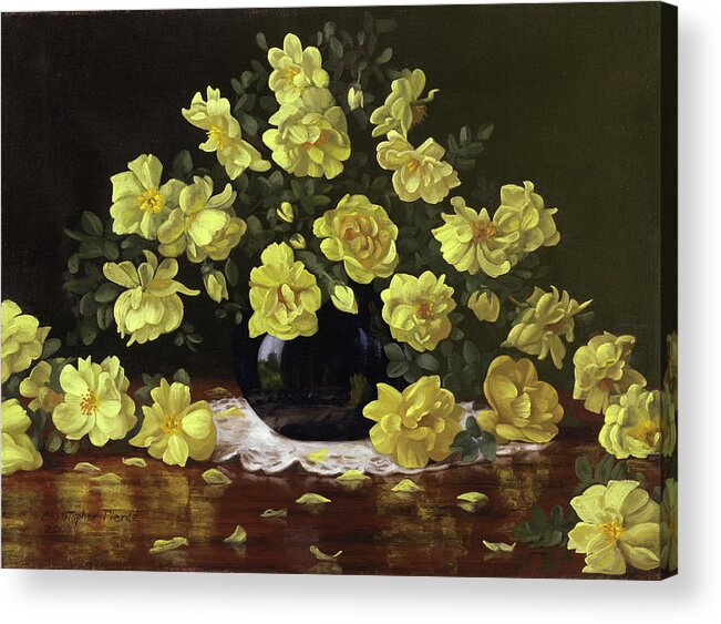 Yellow Roses On A Hardwood Table Acrylic Print featuring the painting Old Fashioned Yellow Roses by Christopher Pierce