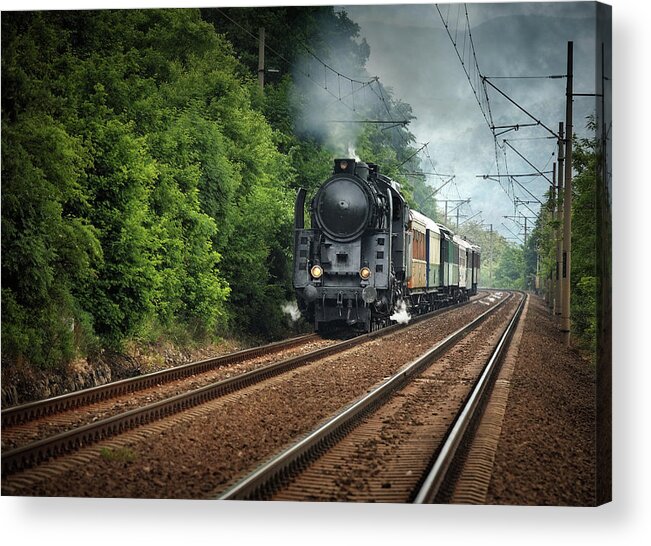 Air Pollution Acrylic Print featuring the photograph Old Locomotive Running Somewhere by Mammuth