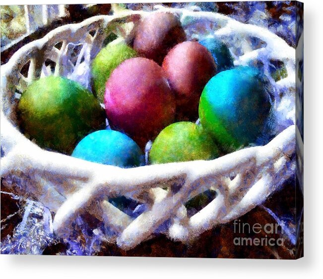 Eggs Acrylic Print featuring the photograph Painted Easter Eggs in a basket by Janine Riley