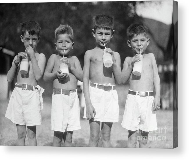 Milk Acrylic Print featuring the photograph Patients Drinking Milk Outdoors by Bettmann