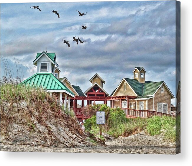Beach Acrylic Print featuring the photograph Pelicans over St. James Beach Club by Don Margulis