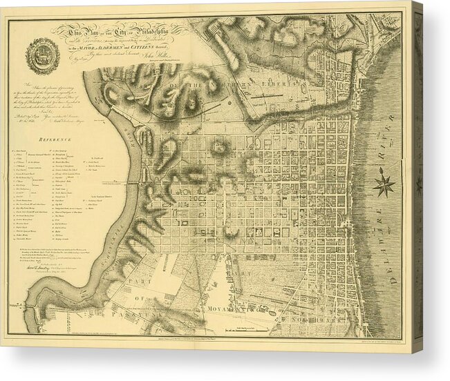 Philadelphia Acrylic Print featuring the mixed media Plan of the City of Philadelphia and Its Environs shewing the improved parts, 1796 by John Hills