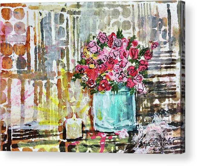 Pink Roses Acrylic Print featuring the mixed media Potted Roses with Candle by Janis Lee Colon