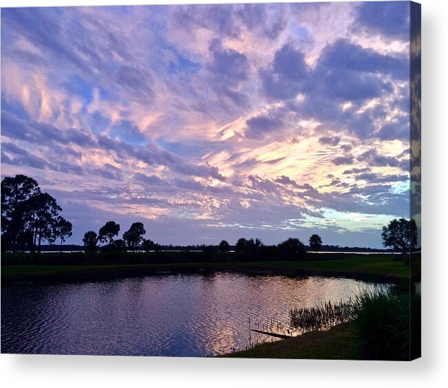 Sunset Acrylic Print featuring the photograph Purple Skies Over Water by Kathy Chism