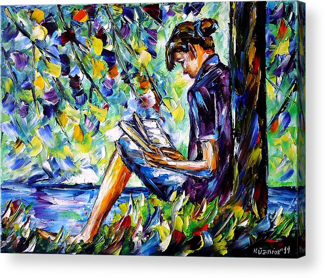 Girl With A Book Acrylic Print featuring the painting Reading By The River by Mirek Kuzniar