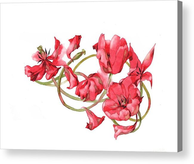 Russian Artists New Wave Acrylic Print featuring the painting Red Tulips Vignette by Ina Petrashkevich