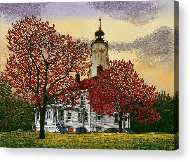 Light House With Trees That Are Changing Colors In Front Of It Acrylic Print featuring the mixed media Sandy Hook Lighthouse by Thelma Winter