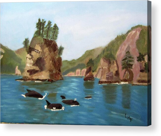 Alaska Acrylic Print featuring the painting Sea Stacks and Orcas by Linda Feinberg