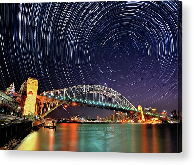 Sydney Harbor Bridge Acrylic Print featuring the photograph Star-trail Over Sydney by Atomiczen