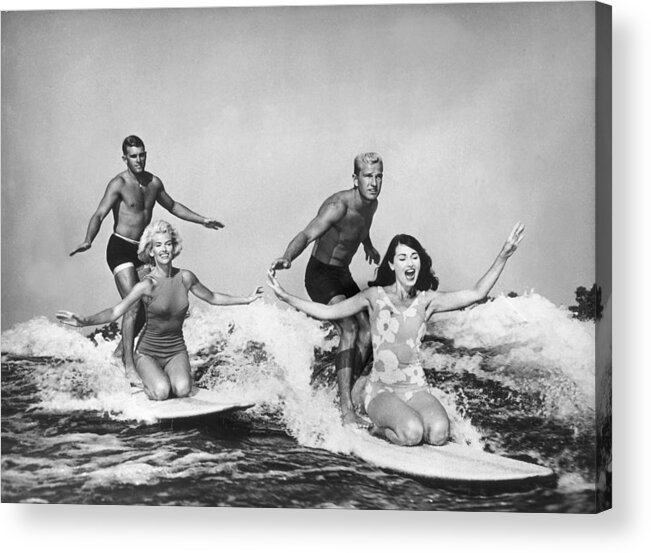 California Acrylic Print featuring the photograph Surfers In California 1965 by Keystone-france