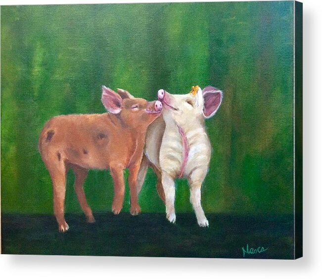 Pigs Acrylic Print featuring the painting Swine Snuggles by Deborah Naves