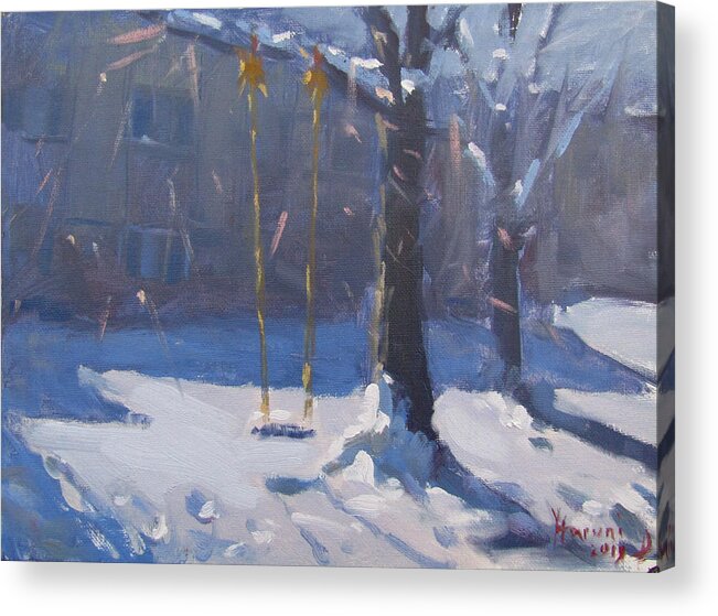 Swing Acrylic Print featuring the painting Swing and Snow by Ylli Haruni