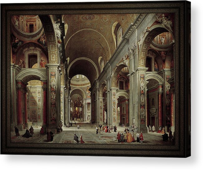 The Nave Of St. Peter's Basilica Acrylic Print featuring the painting The Nave of St Peter's Basilica in the Vatican c1735 by Giovanni Paolo Pannini by Rolando Burbon