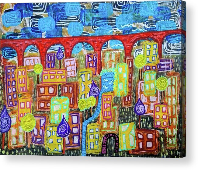 Red Bridge Acrylic Print featuring the mixed media The Red Bridge by Mimulux Patricia No