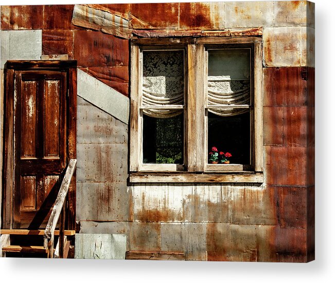 Building Acrylic Print featuring the photograph Three Red Roses in the Window by S Katz