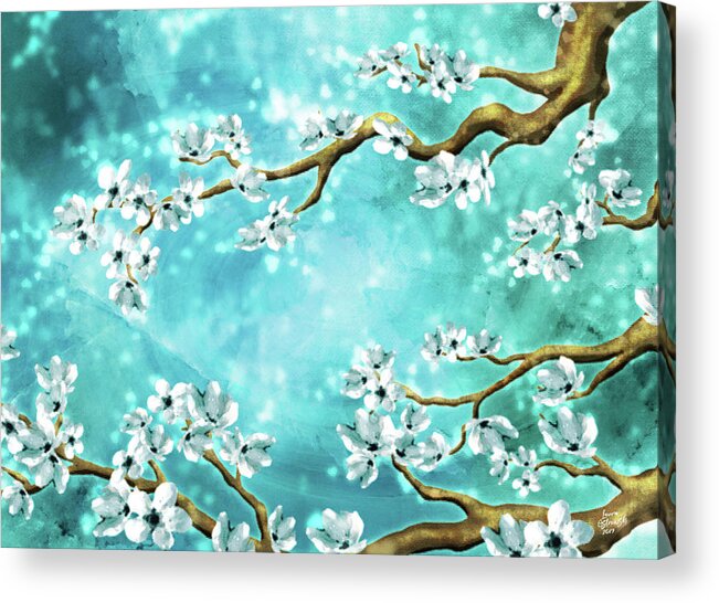 Tranquility Blossoms Acrylic Print featuring the digital art Tranquility Blossoms - Winter White and Blue by Laura Ostrowski