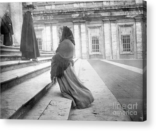 State Of The Vatican City Acrylic Print featuring the photograph Woman Praying At Vatican For Pope by Bettmann