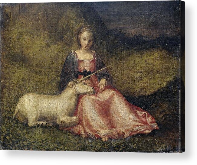 Canvas Acrylic Print featuring the painting 'Woman with Unicorn. by Giorgione -rejected attribution-