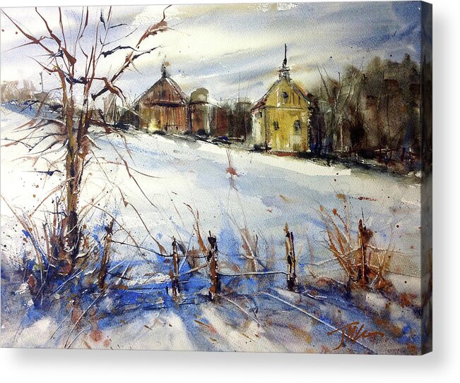 Winter Acrylic Print featuring the painting Yellow School House by Judith Levins
