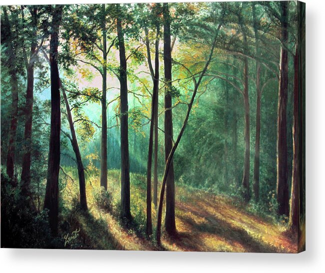 Trees Light Filtering Forest Loveof Trees Morning Hour Acrylic Print featuring the painting Lights Golden Hour #2 by June Pauline Zent