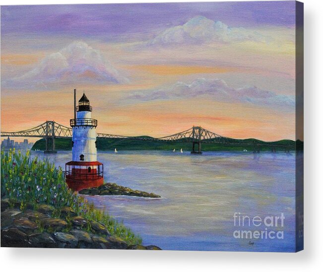 Hudson River Acrylic Print featuring the painting Tarrytown Lighthouse at Sunset #1 by Irene Czys