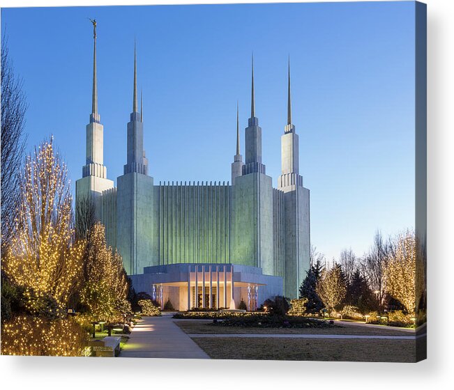 Church Of Jesus Christ Of Latter-day Saints Acrylic Print featuring the photograph Mormon temple in Washington DC with xmas lights #2 by Steven Heap
