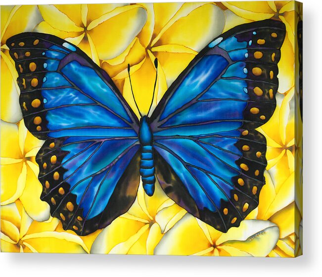 Frangipani Flower Acrylic Print featuring the painting Blue morpho Butterfly #2 by Daniel Jean-Baptiste