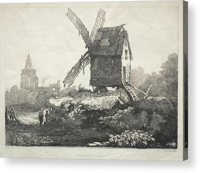 A Series Of Ancient Buildings And Rural Cottages In The North Of England At Crowland Windmill 1821 Samuel Prout British 1783 To 1852 Acrylic Print featuring the painting A Series of Ancient Buildings and Rural Cottages in the North of England At Crowland Windmill 1821 S by MotionAge Designs