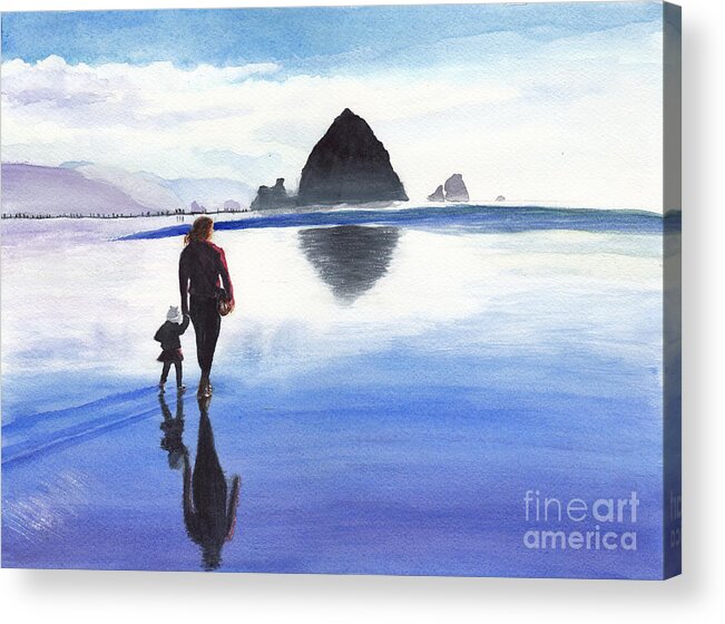 Woman And Girl Walking On Beach Acrylic Print featuring the painting A Watery Walk to Haystack Rock, Oregon by Conni Schaftenaar