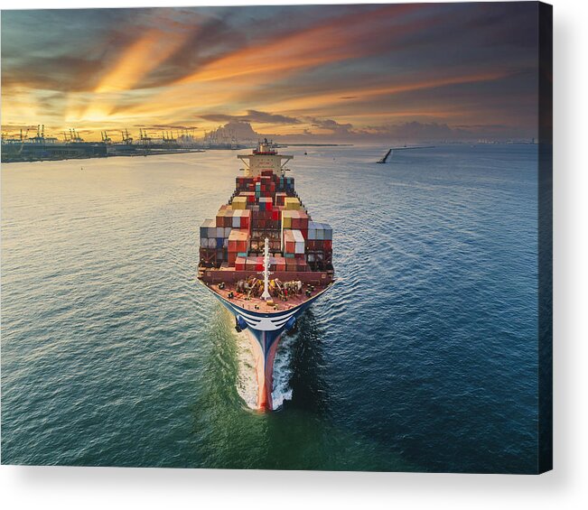 Trading Acrylic Print featuring the photograph Aerial front view Container cargo ship full carrier container with terminal commercial port background for business logistics, import export, shipping or freight transportation. by Suriyapong Thongsawang