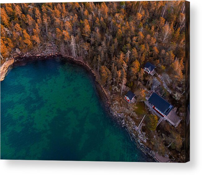 Natural Pattern Acrylic Print featuring the photograph Aerial view of red houses with the sea and nature in the Stockholm archipelago. by Artur Debat