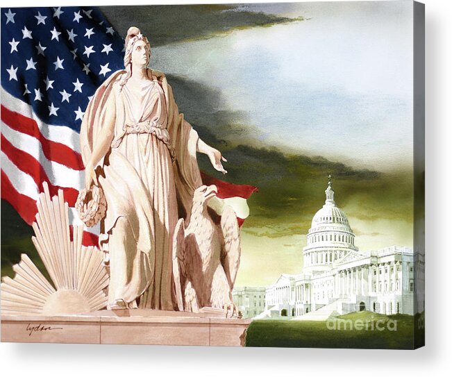 Tom Lydon Acrylic Print featuring the painting America - Progress of Civilization - America With Eagle At Her Side And Sun At Her Back by Tom Lydon