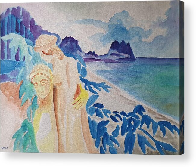 Classical Greek Sculpture Acrylic Print featuring the painting Archaic Couple and the Sea by Enrico Garff