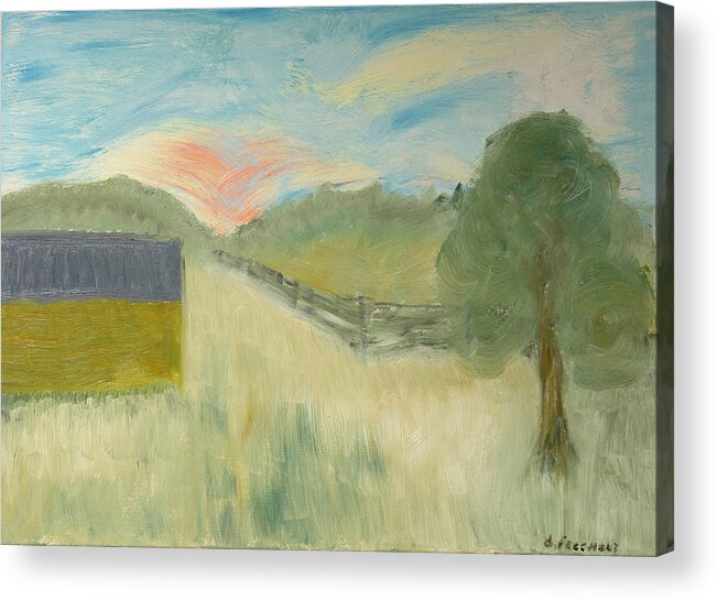 Sun Also Sets Acrylic Print featuring the painting Barn and Country Meadow by David McCready