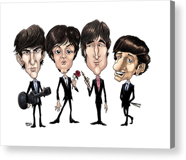 Caricature Acrylic Print featuring the drawing Beatles 1965 in color by Mike Scott