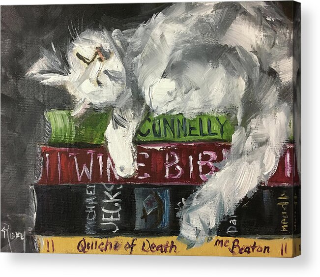 Sleepy Cat Acrylic Print featuring the painting Biblio Cat by Roxy Rich