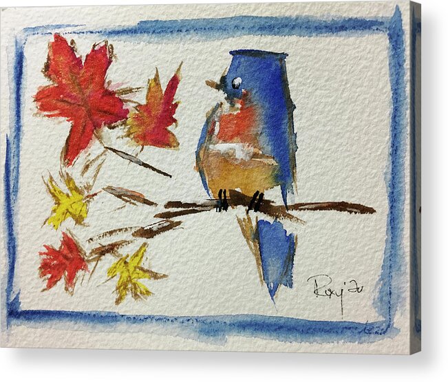 Bluebird Acrylic Print featuring the painting Bluebird on a Maple Branch by Roxy Rich