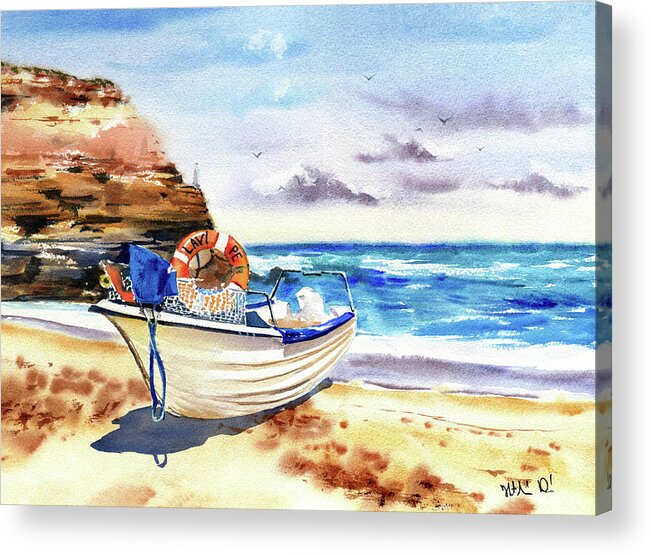Portugal Acrylic Print featuring the painting Boat On Shore in Portugal Painting by Dora Hathazi Mendes
