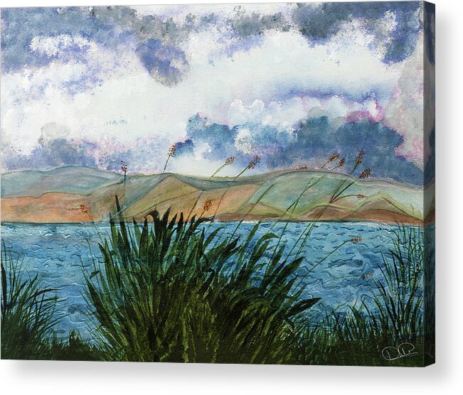 Watercolor Acrylic Print featuring the painting Brewing Storm over lake Watercolor painting by Dee Browning