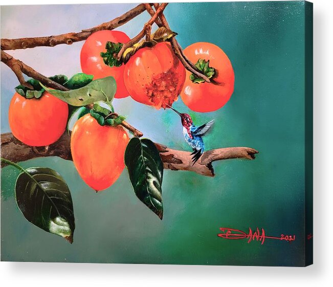 Birds Acrylic Print featuring the painting Bumblebee hummer and Persimmons by Dana Newman