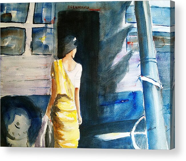 Woman Acrylic Print featuring the painting Bus Stop - Woman Boarding the Bus by Carlin Blahnik CarlinArtWatercolor